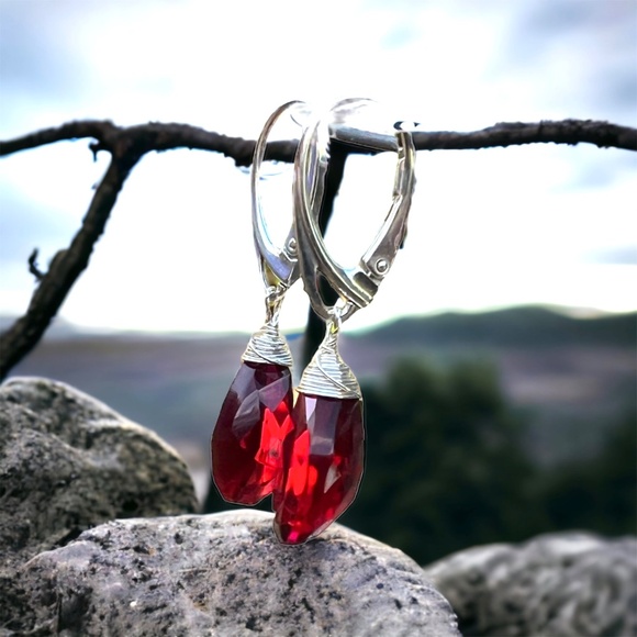 Sterling Silver Ruby Earrings Wire Wrapped , July Birthstone , 40th Anniversary - Picture 7 of 8